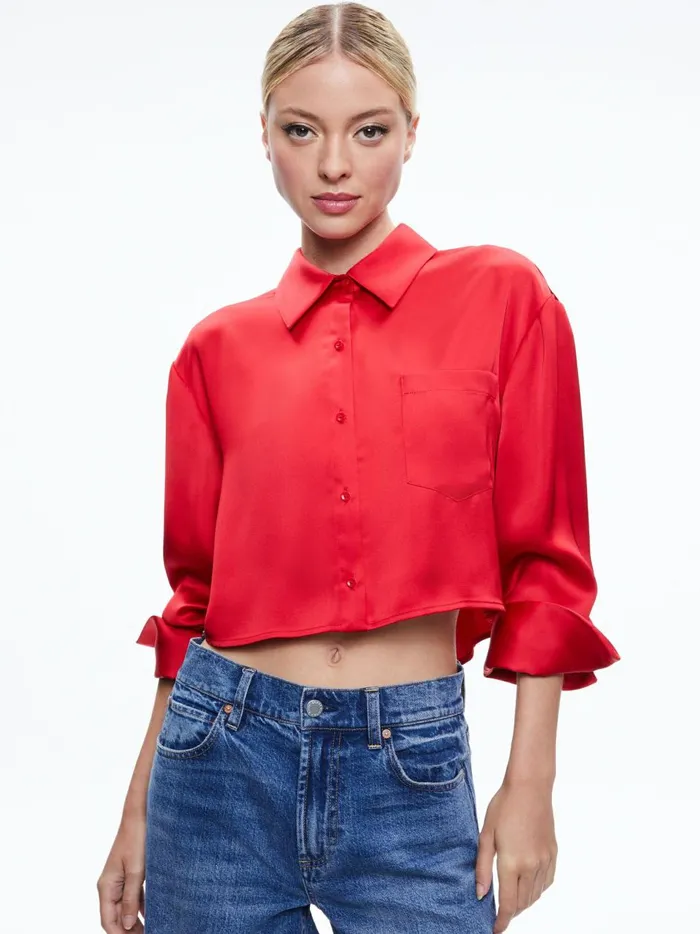 Womens Tops Alice Olivia Finely Cropped Oversized Button Down Shirt Perfect Ruby