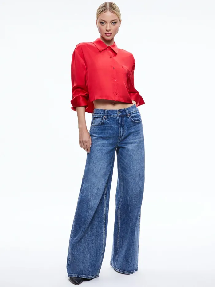Womens Tops Alice Olivia Finely Cropped Oversized Button Down Shirt Perfect Ruby