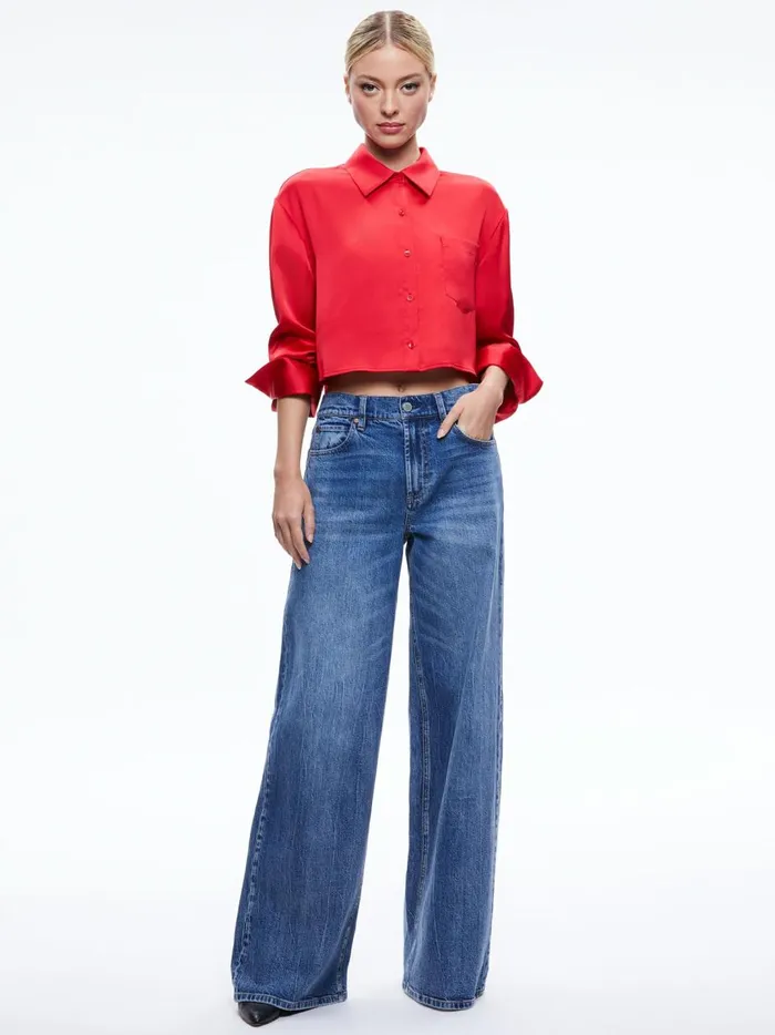 Womens Tops Alice Olivia Finely Cropped Oversized Button Down Shirt Perfect Ruby