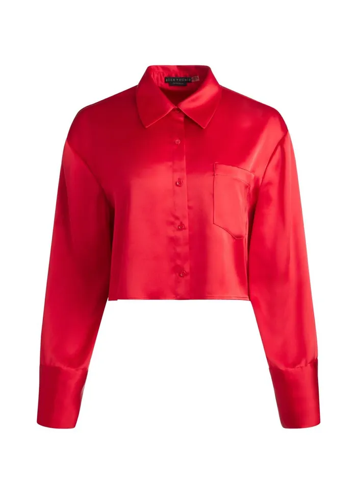 Womens Tops Alice Olivia Finely Cropped Oversized Button Down Shirt Perfect Ruby