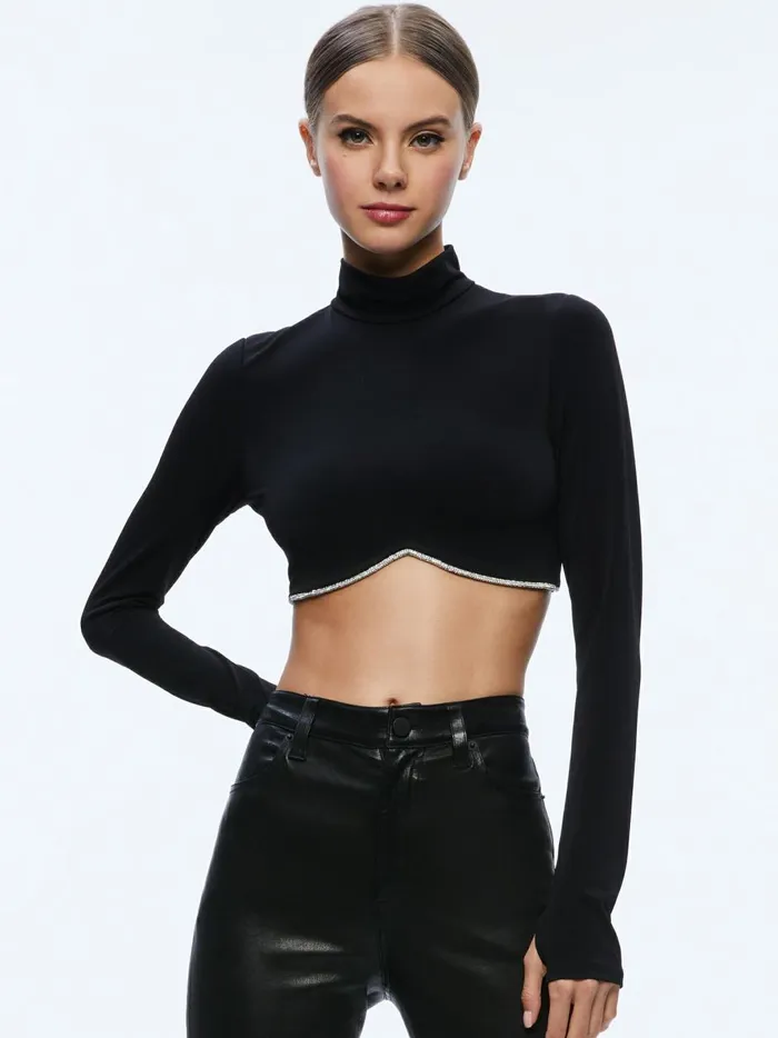 Womens Tops Alice Olivia Melange Rhinestone Cropped Turtleneck Black