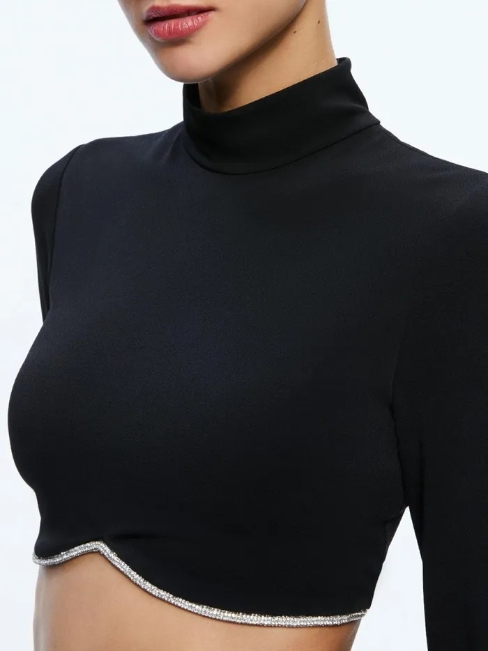 Womens Tops Alice Olivia Melange Rhinestone Cropped Turtleneck Black