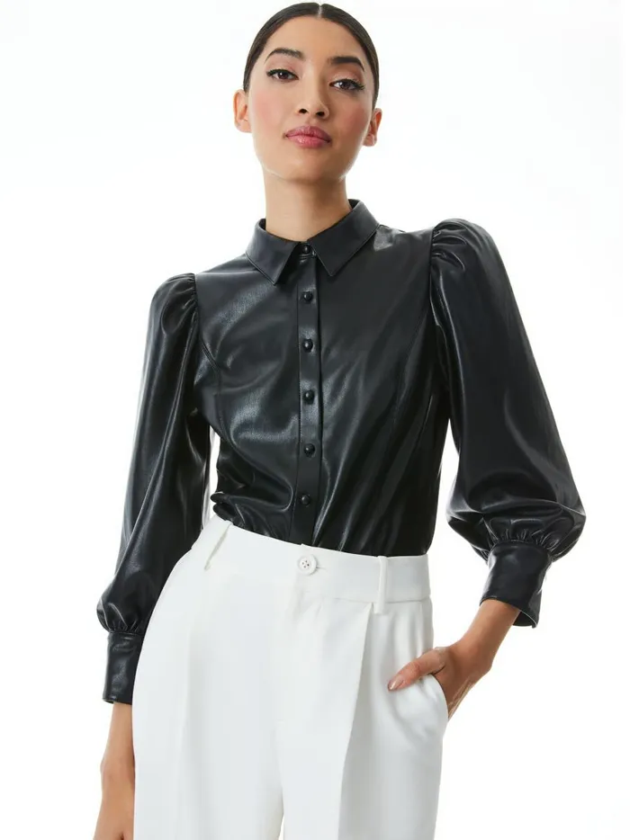 Womens Tops Alice Olivia Nadine Vegan Leather Button Down Black