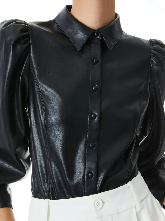 Womens Tops Alice Olivia Nadine Vegan Leather Button Down Black