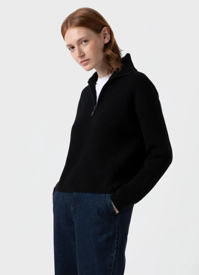 Wool Cashmere Rib Zip Neck Black Women SUNSPEL Knitwear