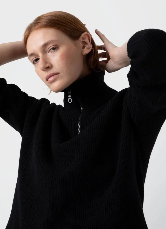 Wool Cashmere Rib Zip Neck Black Women SUNSPEL Knitwear