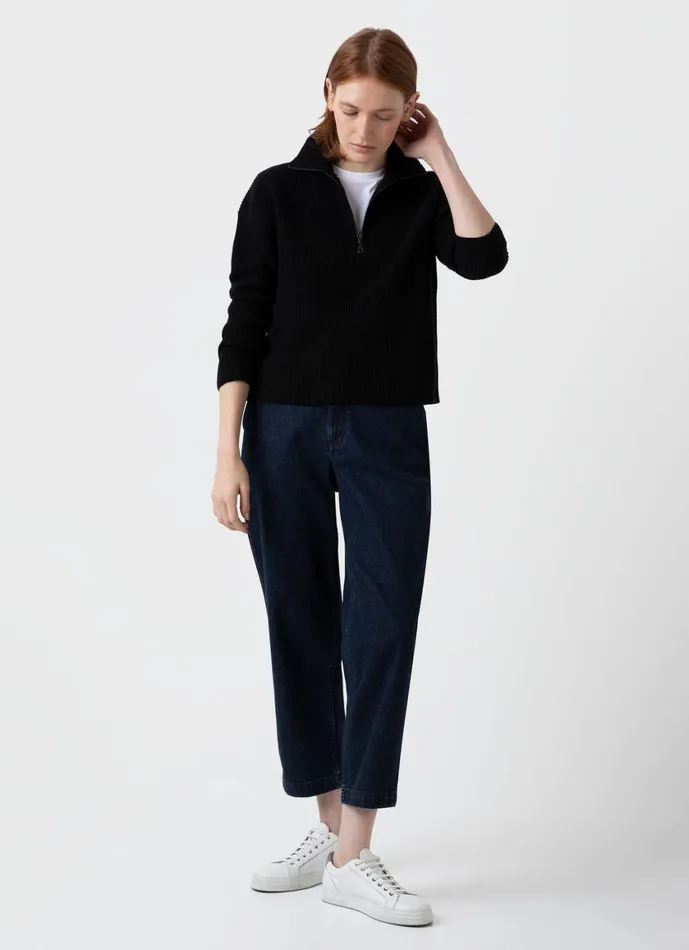 Wool Cashmere Rib Zip Neck Black Women SUNSPEL Knitwear