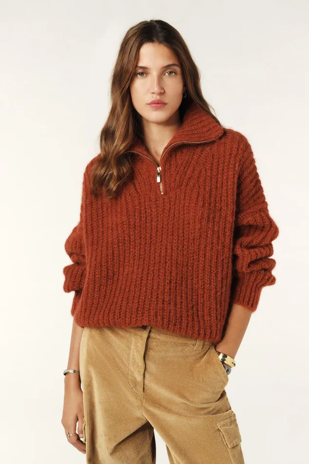 ZipUp Neckline Sweater Beltane Brown Women Baandsh Sweaters and Cardigans
