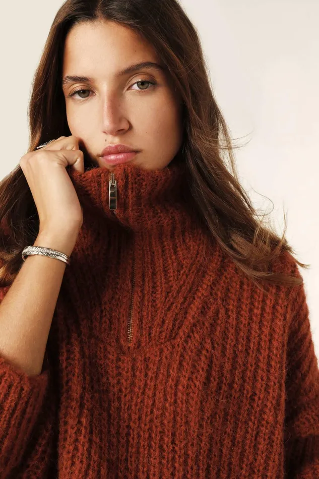 ZipUp Neckline Sweater Beltane Brown Women Baandsh Sweaters and Cardigans