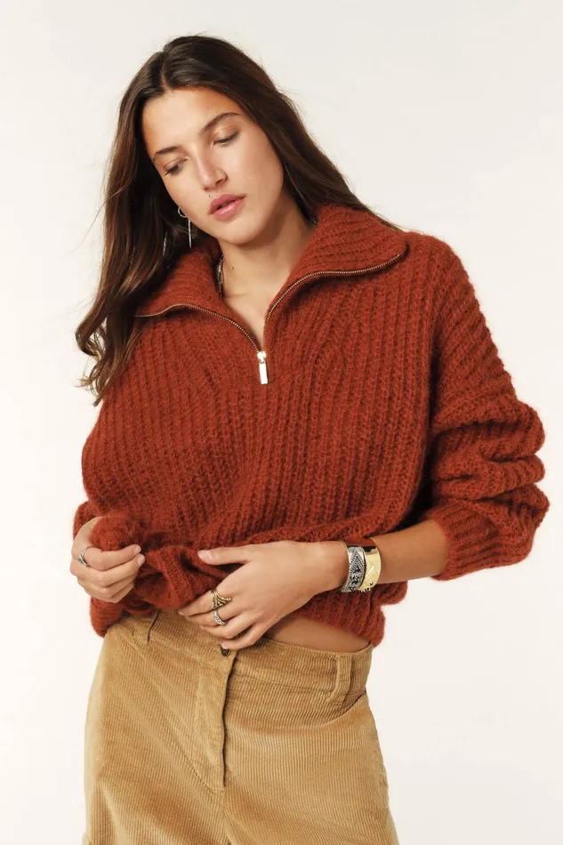 ZipUp Neckline Sweater Beltane Brown Women Baandsh Sweaters and Cardigans